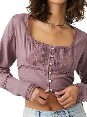 NWT Free People Joi Eyelet Crop Blouse Roan Rouge Button Front Lace Top Size S